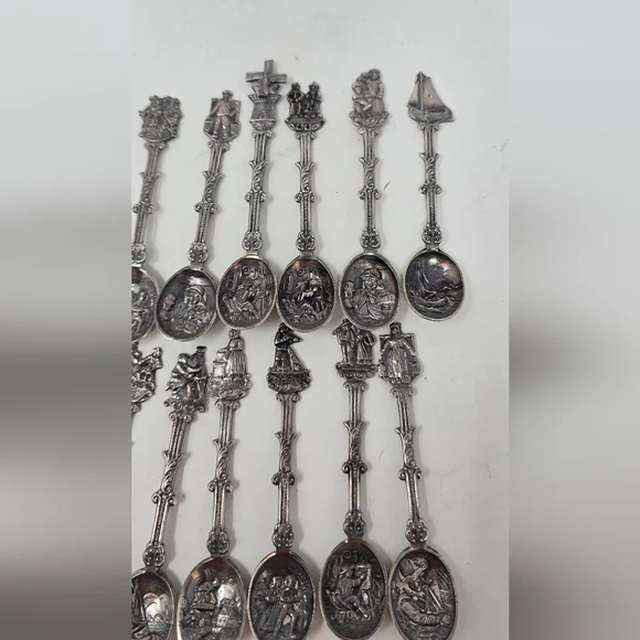 Vtg Holland Dutch demitasse mini spoons stamped novelty ornate figural set of 12 - Picture 2 of 10